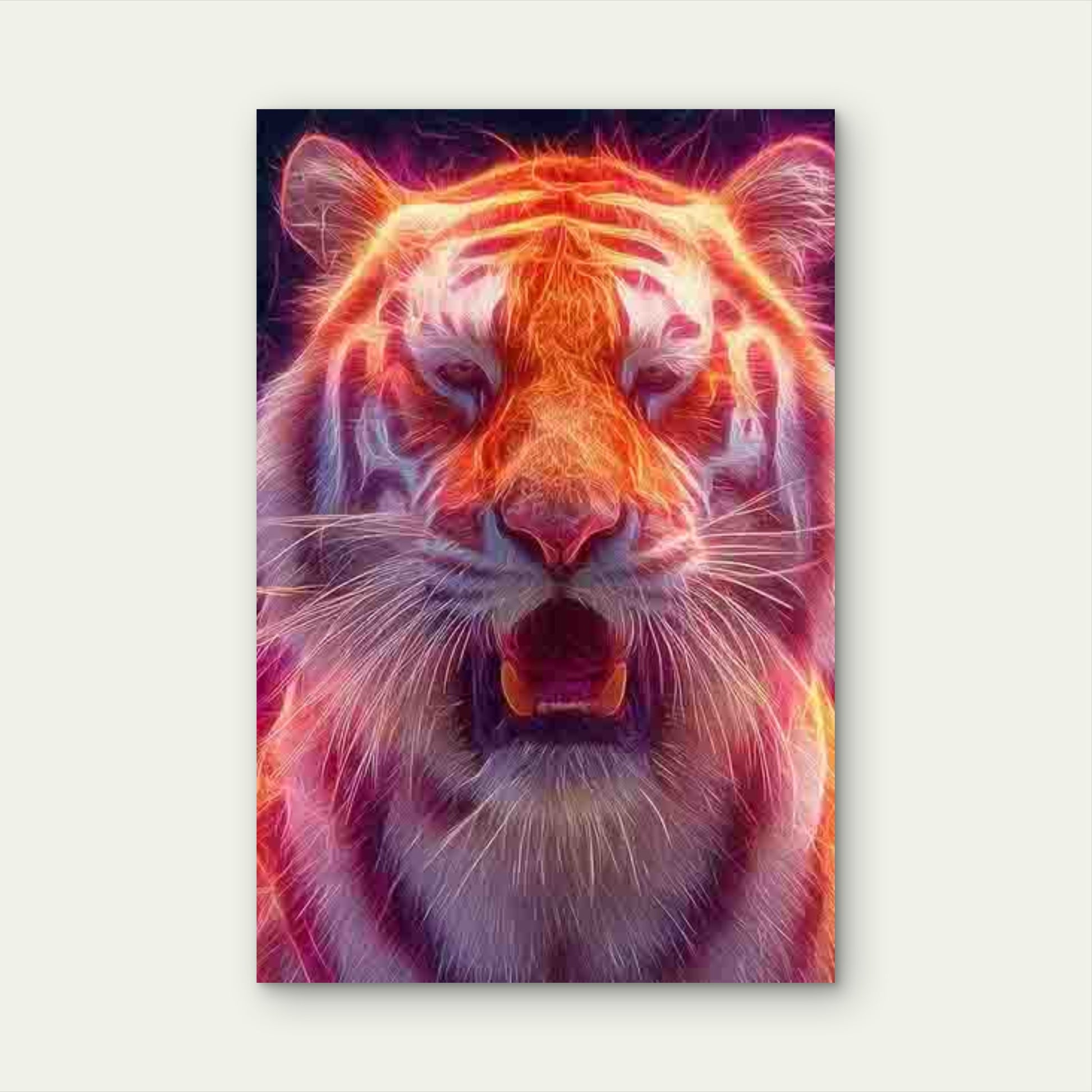 Glowing Neon Orange & Pink Tiger Face 40x60cm Metal Print Ready to Hang - Bella Home Decor