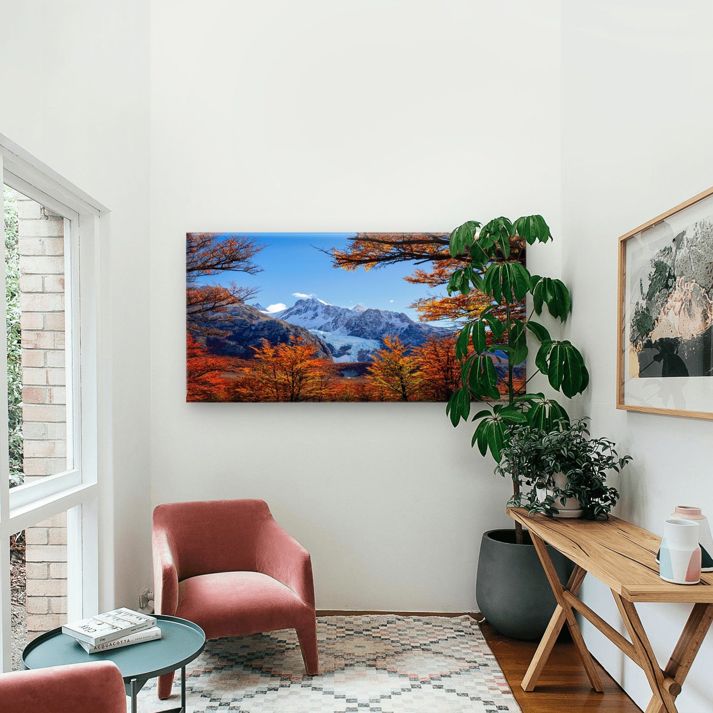 Alpine Glacier Autumn Foliage Sunburst Mountain Valley Wall Art Canvas Office Home Room Framed 120x60cm