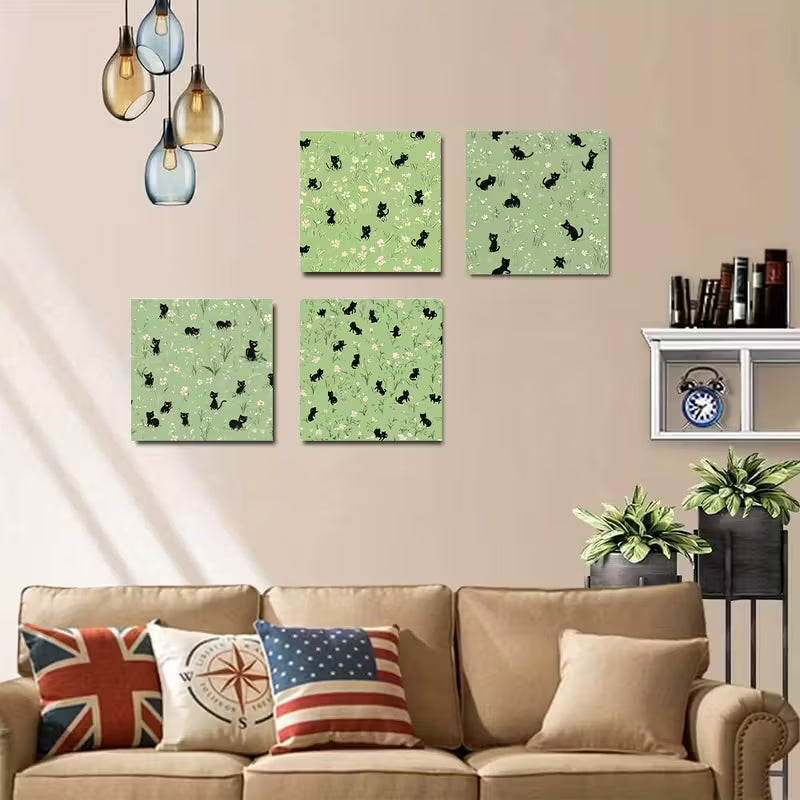 4pcs Green Green Pink Cat Themed Wall Art Canvas Framed