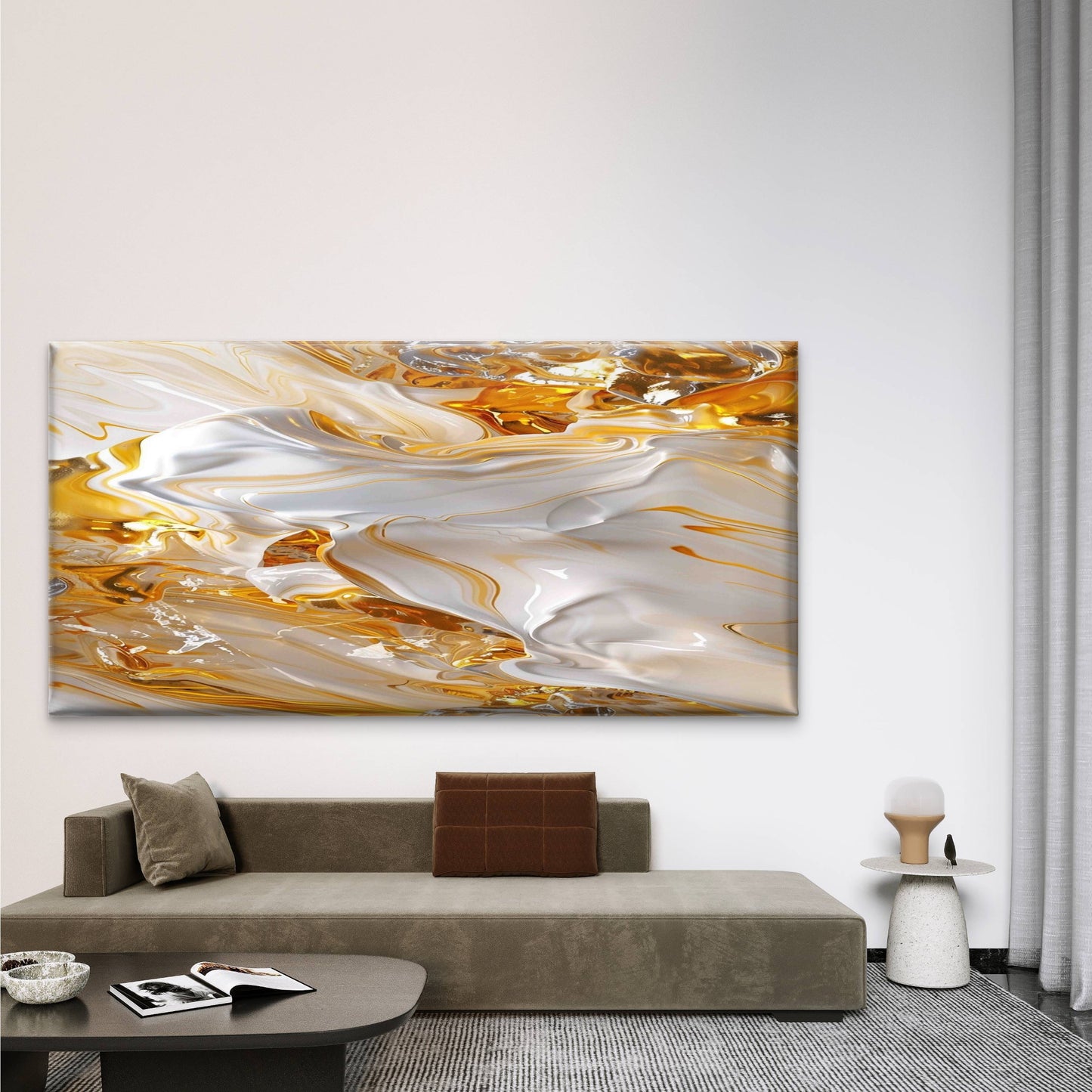Abstract Gold and White Fluid Wall Art Canvas Office Home Room Framed 120x60cm