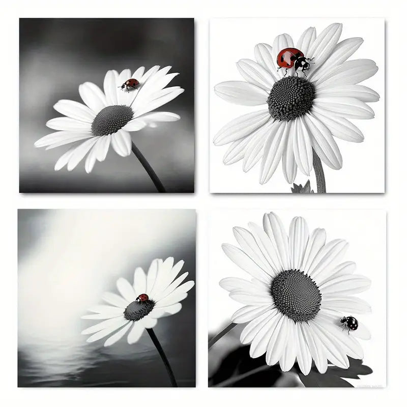 4pcs Sunflower Ladybird On Floral Picture Wall Art Canvas Framed