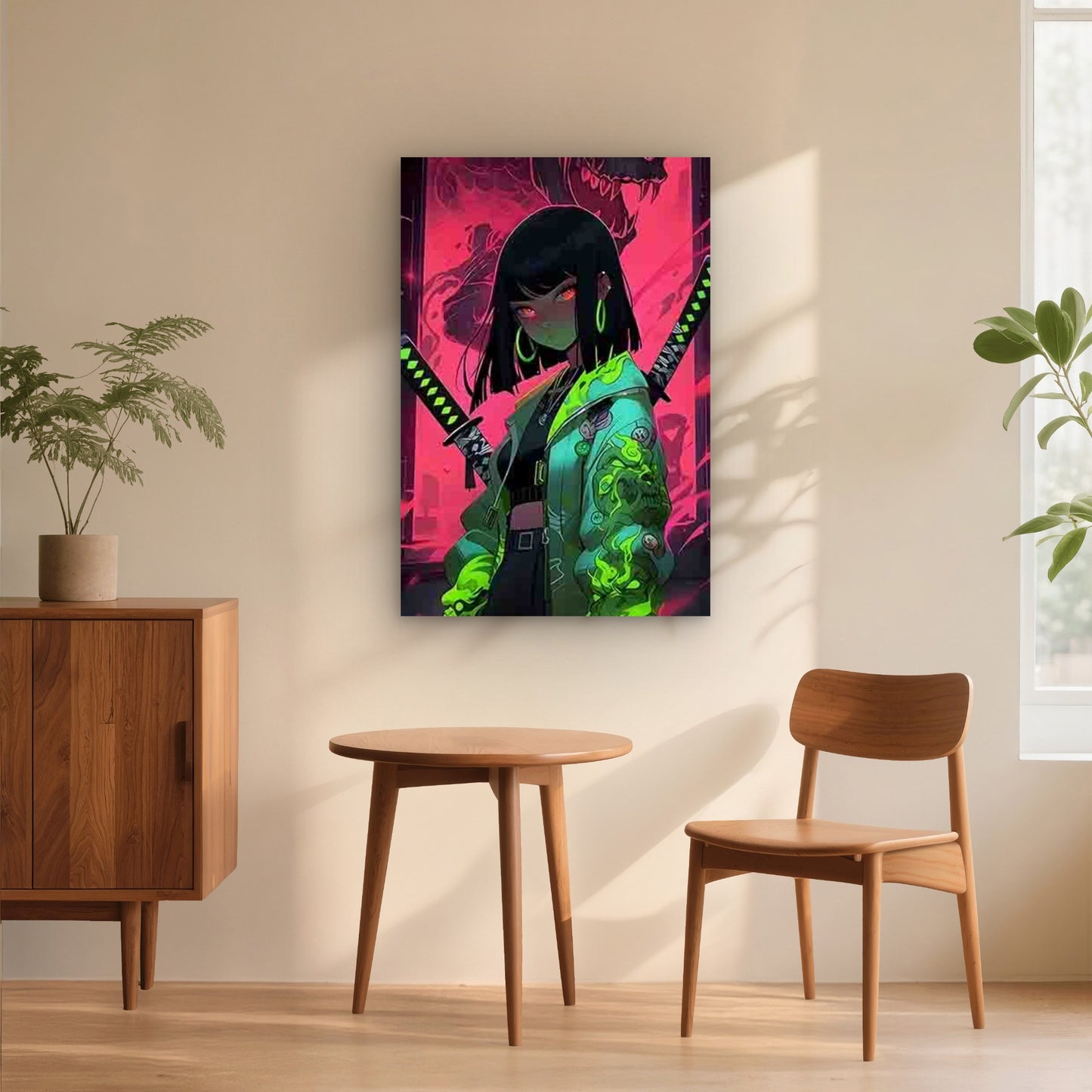 Neon-Style Cool Girl with a Fierce Monster 40x60cm Metal Print Ready to Hang - Bella Home Decor