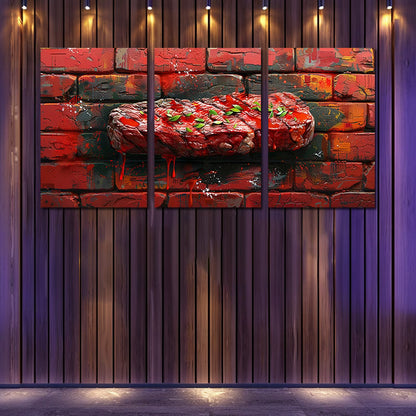 3pcs Steak Against a Brick Wall Background Wall Art Set Canvas Framed 60x90cm - High Quality Print 100% Australian Made Wall Canvas Ready to Hang