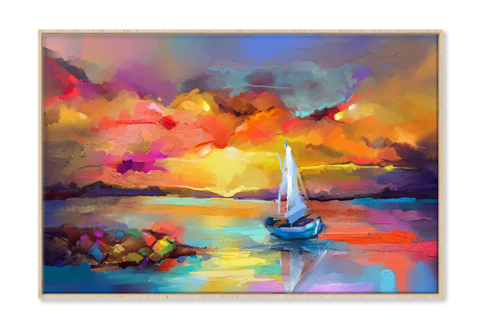 Seascape Oil Painting With Sunlight Wall Art Limited Edition High Quality Print Canvas Box Framed Natural