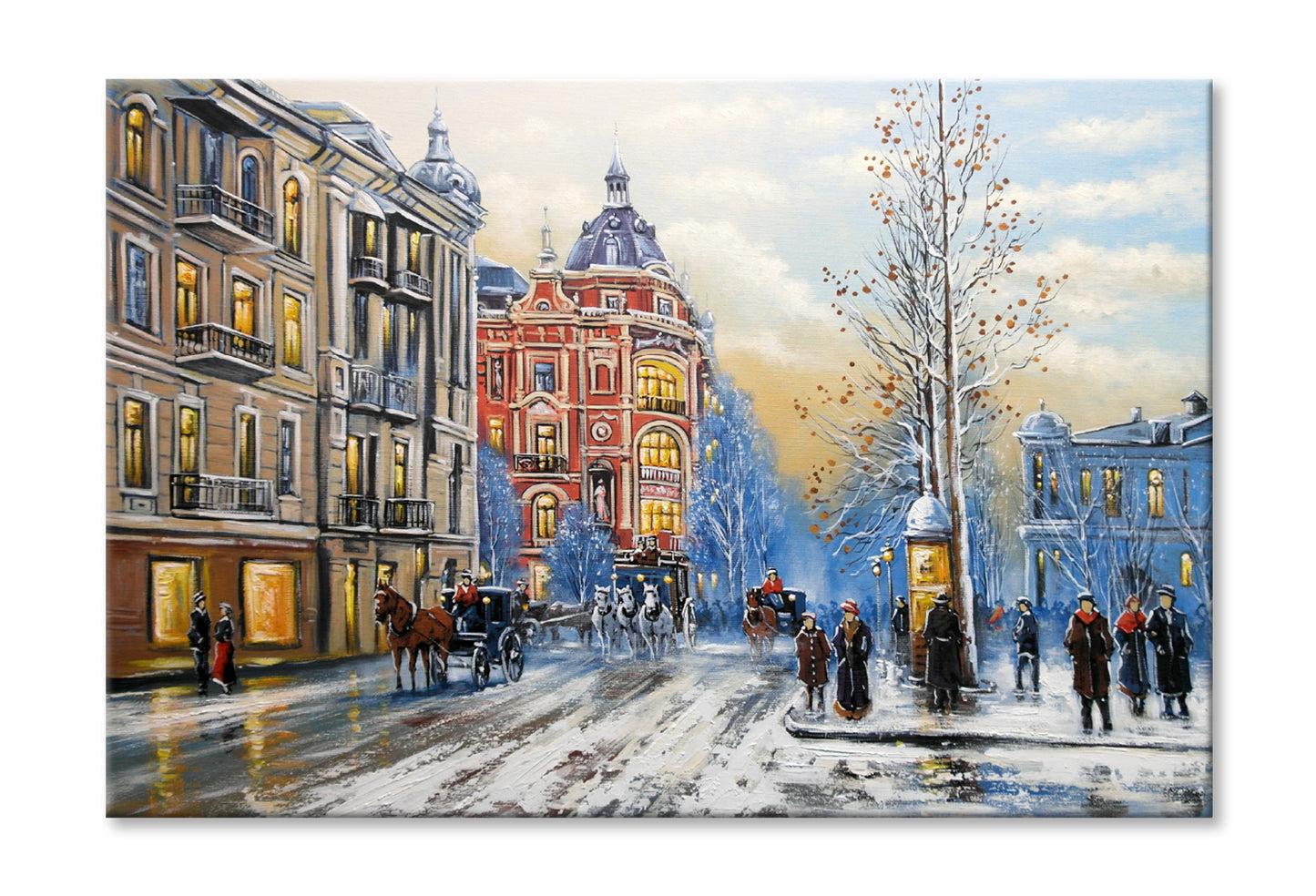 Old City Street in Winter Oil Painting Wall Art Limited Edition High Quality Print Stretched Canvas None