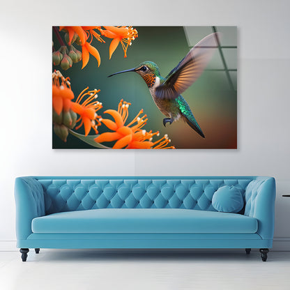 Hummingbird Flies over a Bright Flower Acrylic Glass Print Tempered Glass Wall Art 100% Made in Australia Ready to Hang - Bella Home Decor