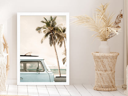 Van near Palm Beach Faded Photograph Glass Framed Wall Art, Ready to Hang Quality Print Without White Border White