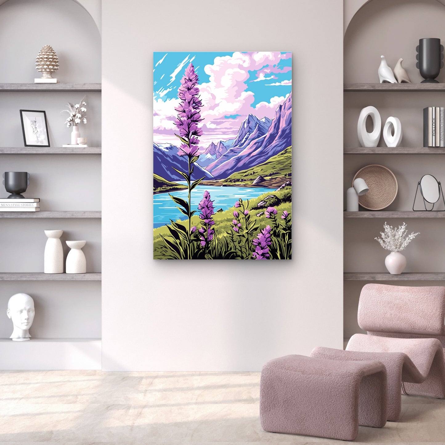 Purple Fireweed Alpine Lake Landscape 40x60cm Metal Print Ready to Hang