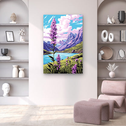 Purple Fireweed Alpine Lake Landscape 40x60cm Metal Print Ready to Hang