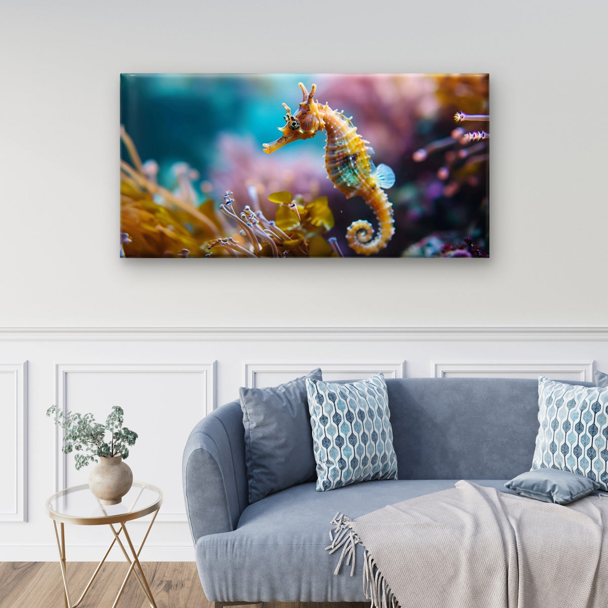 Golden Seahorse Coral Reef Marine Wall Art Canvas Office Home Framed 120x60cm