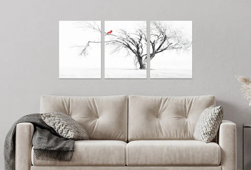 3pcs Winter White Black Tree with Red Bird Wall Art Set Canvas Unframed - High Quality Print 100% Australian Made Wall Canvas