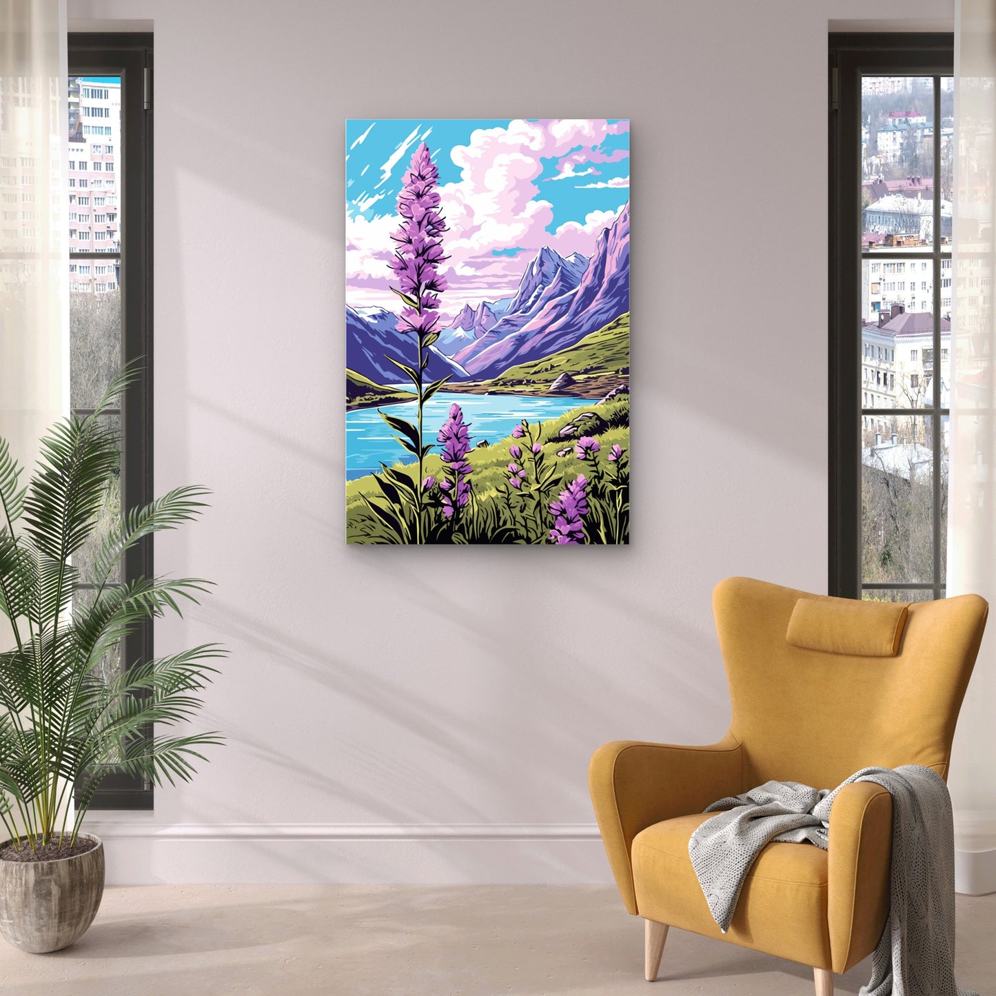 Purple Fireweed Alpine Lake Landscape 40x60cm Metal Print Ready to Hang