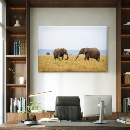 Two African elephants walking across Masai Mara grassland, Kenya  Wall Art Decor 100% Australian Made
