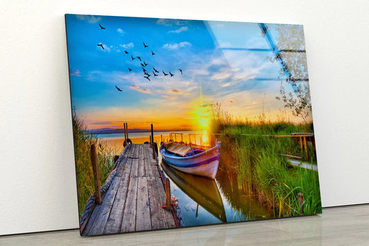 Boat Near Wooden Pier UV Direct Aluminum Print Australian Made Quality