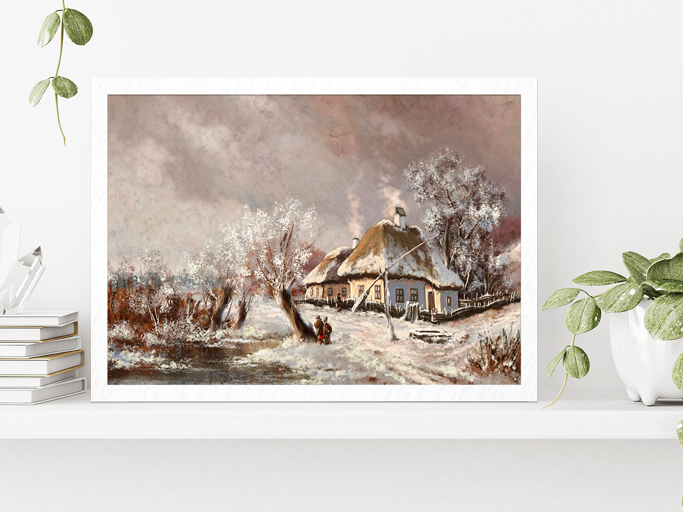 Rural Landscape Old Village, Old House In Winter Glass Framed Wall Art, Ready to Hang Quality Print Without White Border White