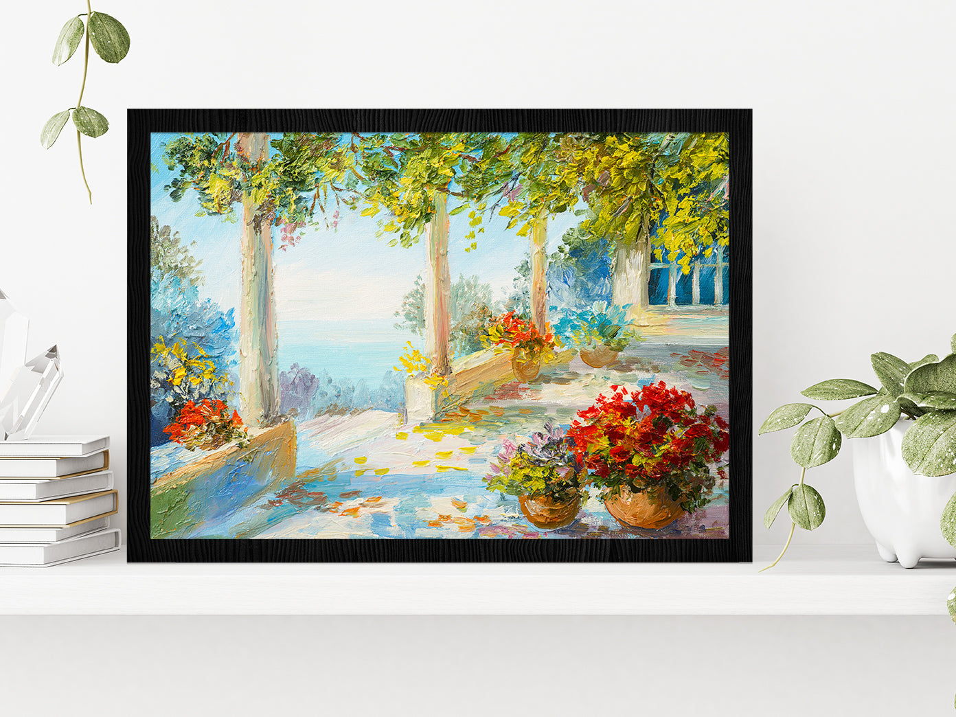 Flower Vase In Terrace & Near The Sea Glass Framed Wall Art, Ready to Hang Quality Print Without White Border Black