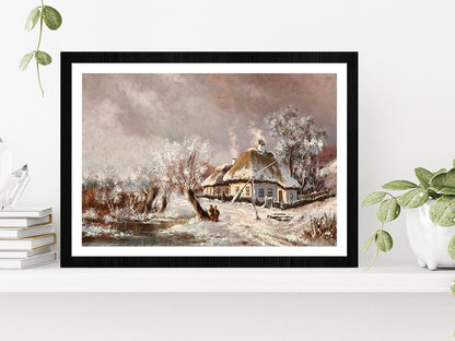 Rural Landscape Old Village, Old House In Winter Glass Framed Wall Art, Ready to Hang Quality Print With White Border Black