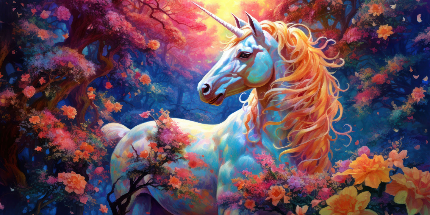 Magical Unicorn Rainbow Floral Fantasy Wall Art Canvas Office Home Framed 120x60cm