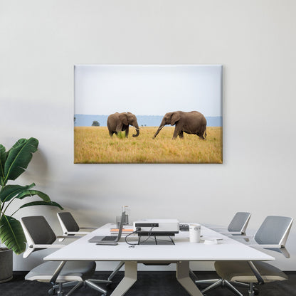 Two African elephants walking across Masai Mara grassland, Kenya  Wall Art Decor 100% Australian Made