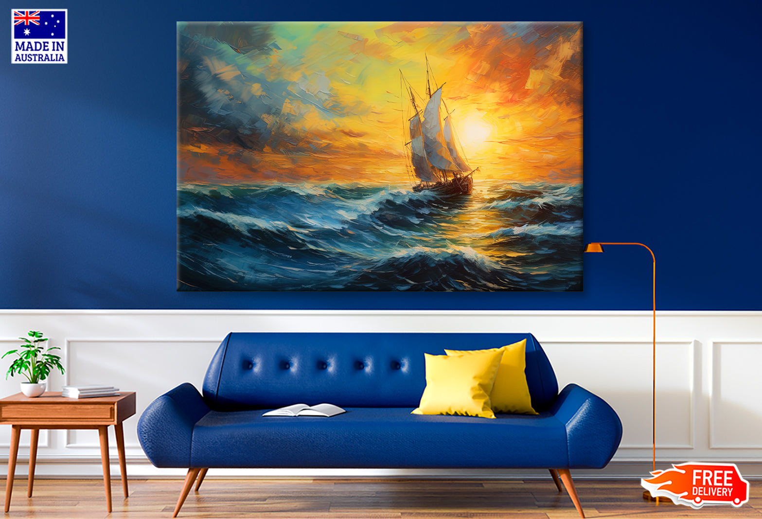 Sailboat Boat at Sunset on the Ocean Oil Painting Wall Art Limited Edition High Quality Print