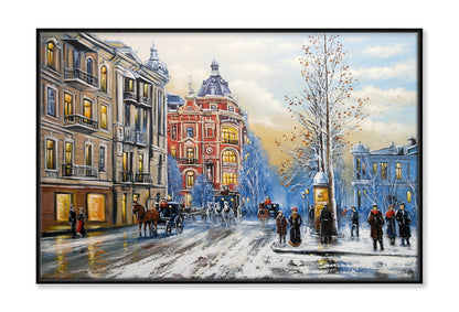 Old City Street in Winter Oil Painting Wall Art Limited Edition High Quality Print Canvas Box Framed Black