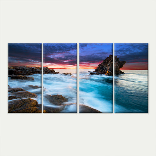 4pcs Sunset Ocean Waves Seascape Rock Coast Wall Art Canvas Framed 45x80cm - High Quality Print 100% Australian Made Wall Canvas Ready to Hang