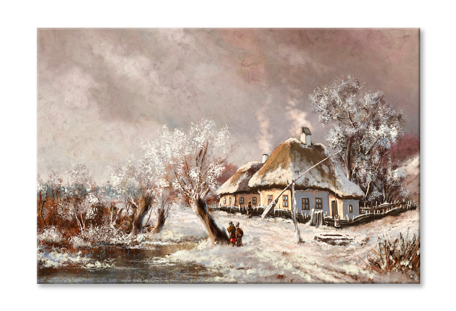 Rural Landscape Old Village, Old House In Winter Oil Painting Wall Art Limited Edition High Quality Print Stretched Canvas None