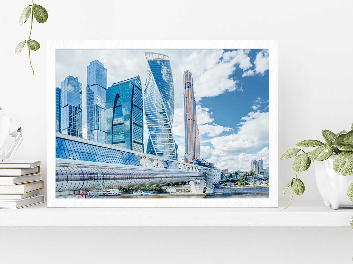 Mirror Skyscrapers In Moscow City Glass Framed Wall Art, Ready to Hang Quality Print Without White Border White