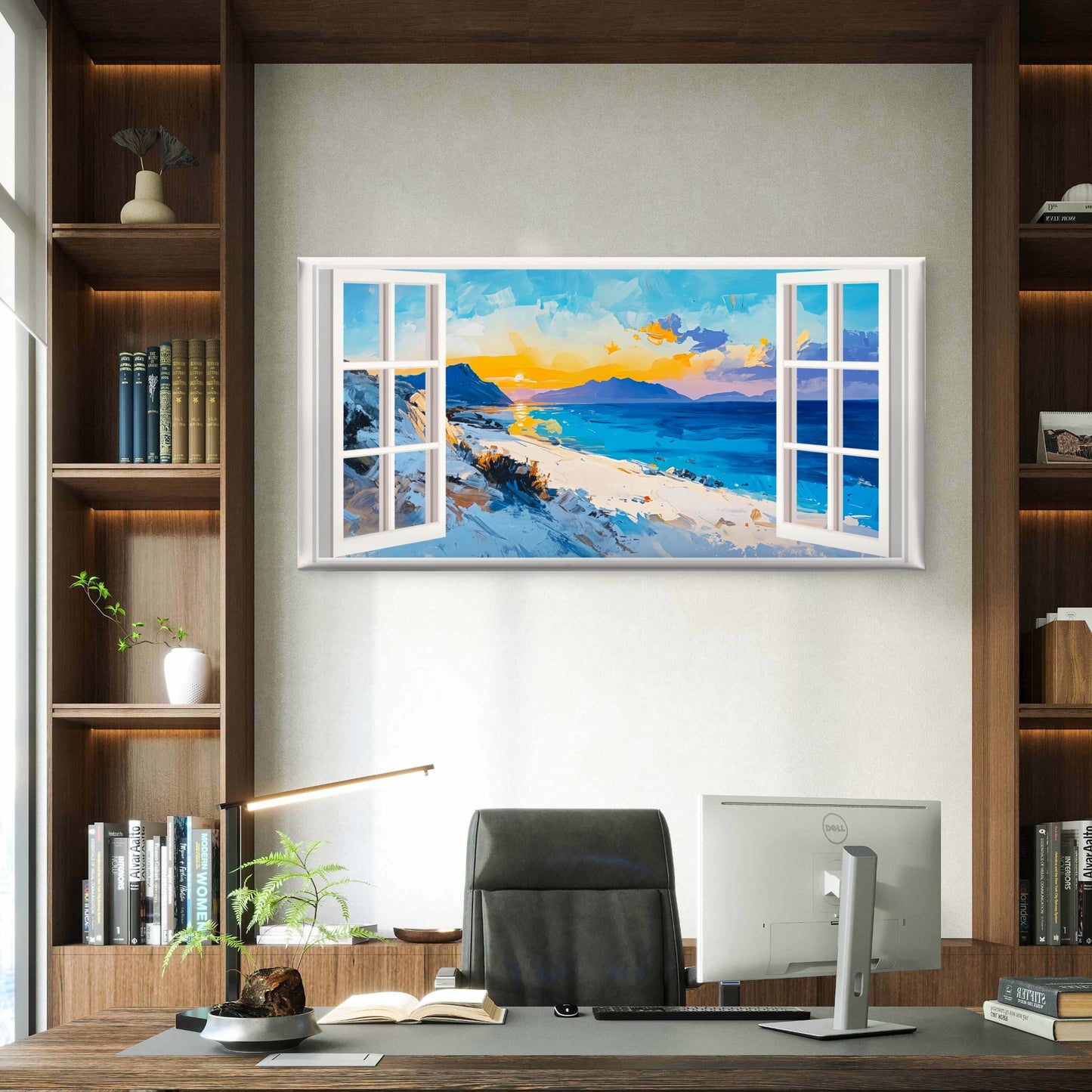 Blue Coastal Ocean Sunrise Wall Art Canvas Office Home Room Framed 120x60cm