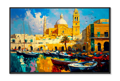 Cityscape View Inspired From Marsaxlokk Oil Painting Wall Art Limited Edition High Quality Print Canvas Box Framed Black