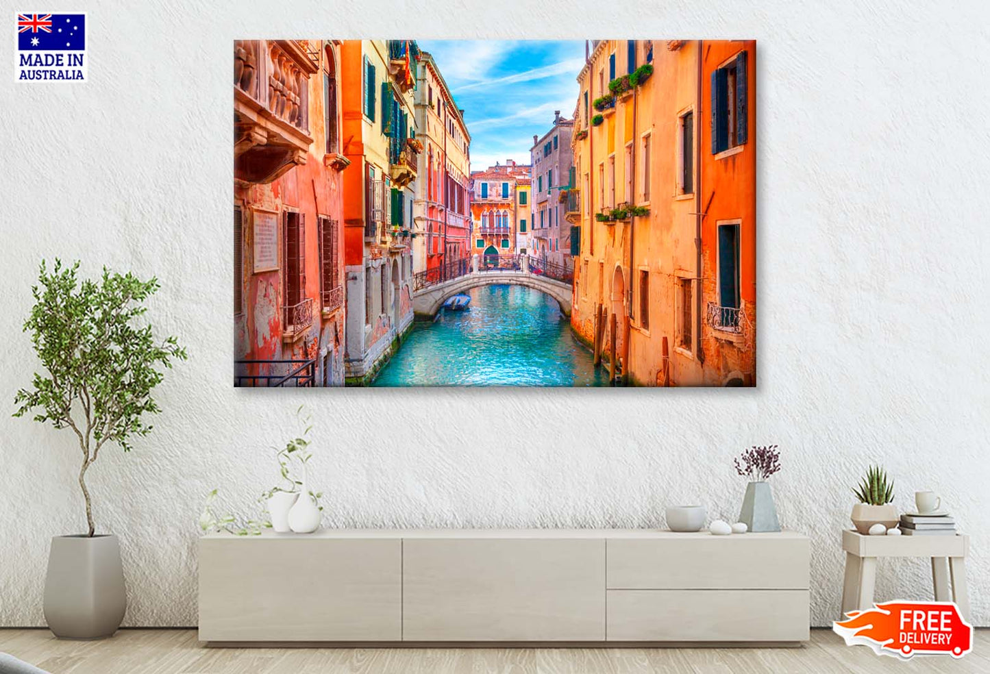 Narrow Canal with A Bridge in The Middle Wall Art Decor 100% Australian Made