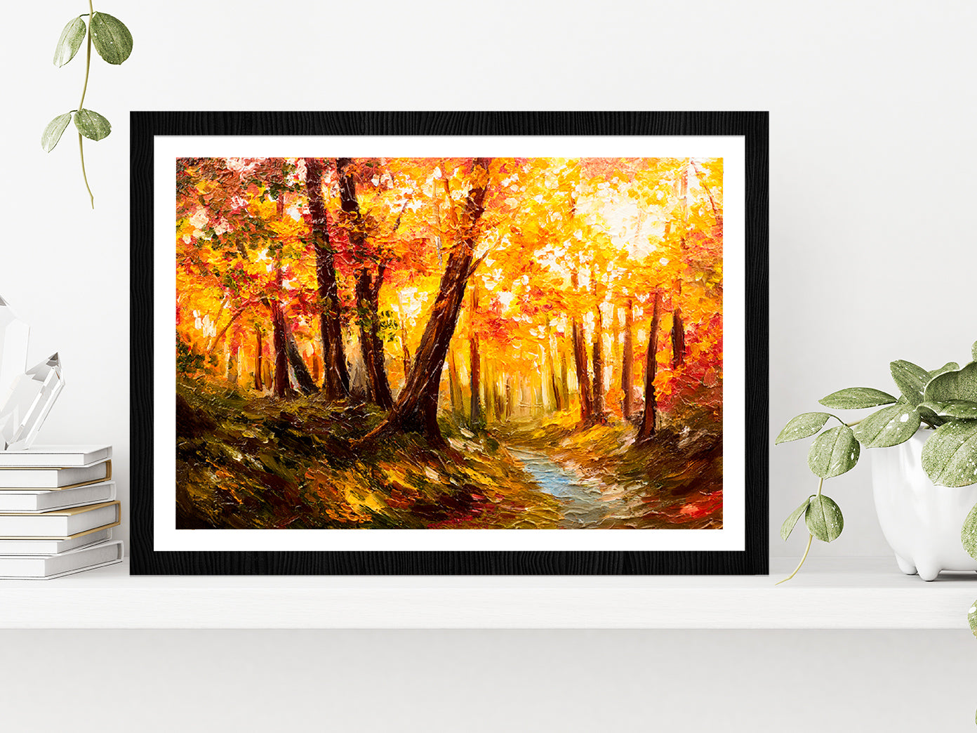 Autumn Forest Oil Painting Glass Framed Wall Art, Ready to Hang Quality Print With White Border Black