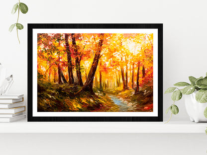 Autumn Forest Oil Painting Glass Framed Wall Art, Ready to Hang Quality Print With White Border Black