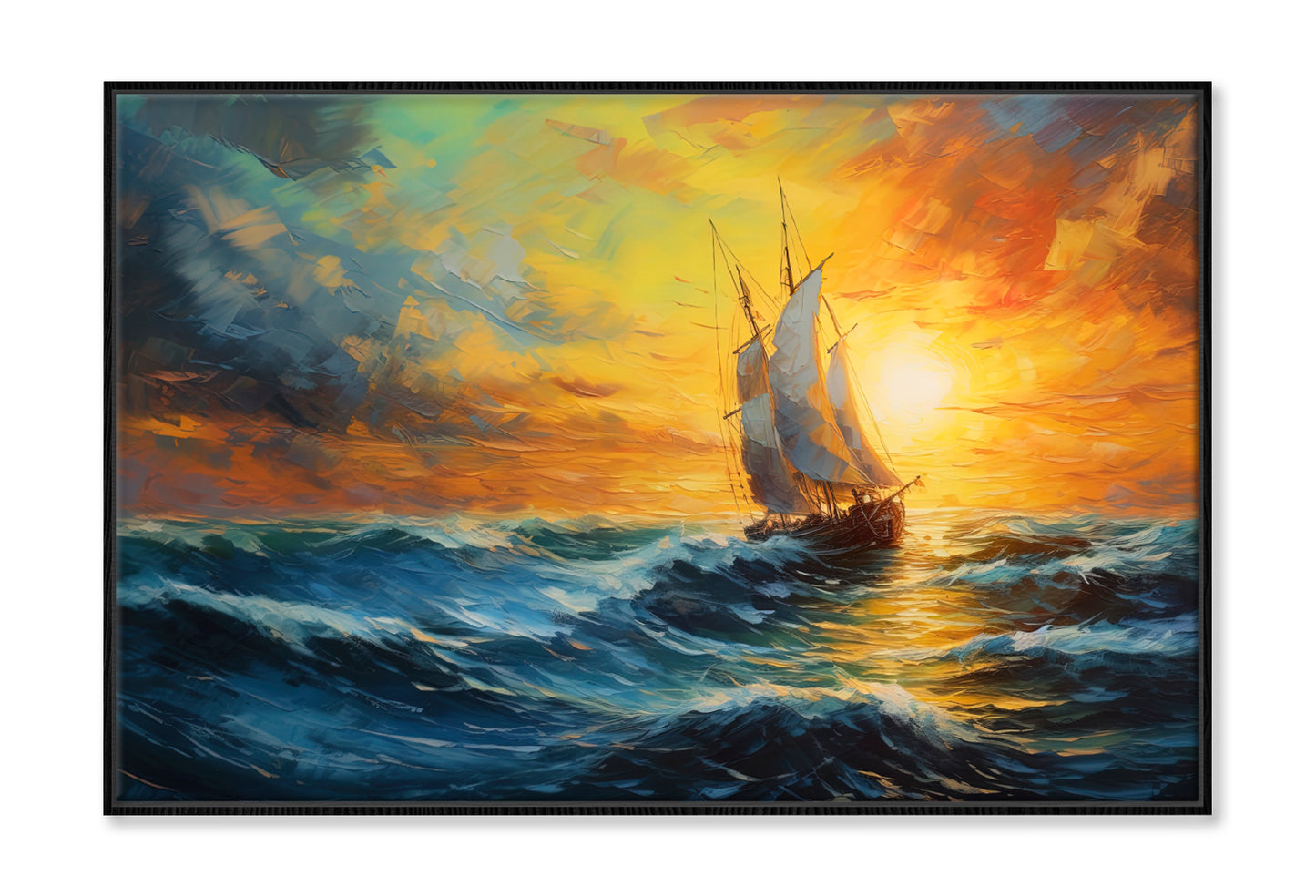 Sailboat Boat at Sunset on the Ocean Oil Painting Wall Art Limited Edition High Quality Print Canvas Box Framed Black