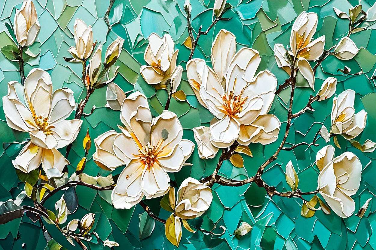 White Flower Branch Green Painting Wall Art Decor 100% Australian Made