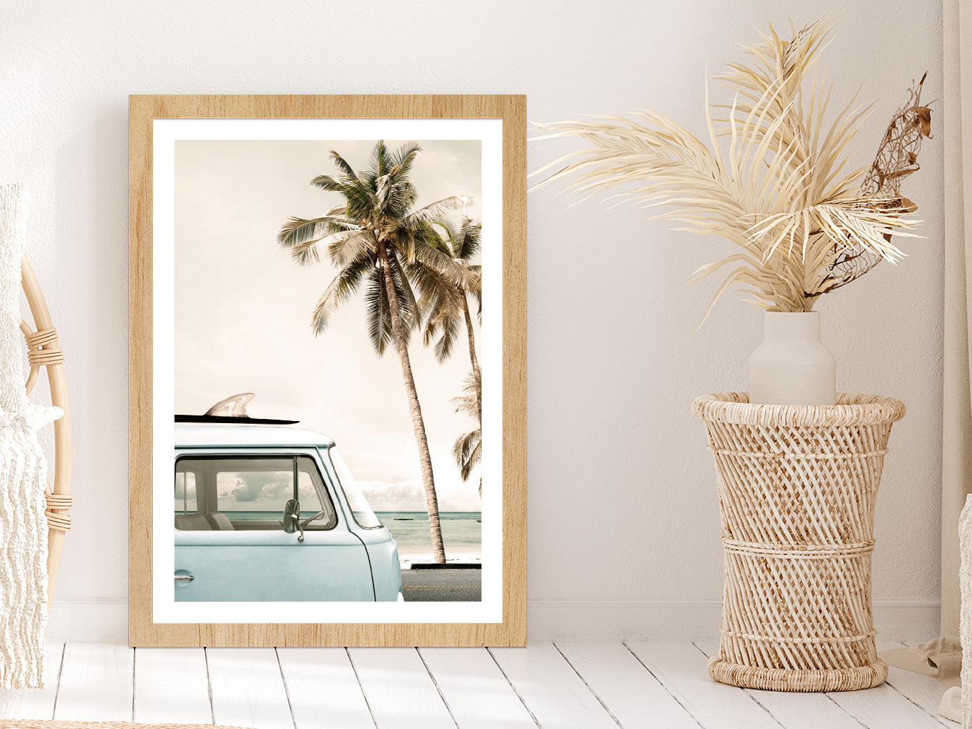 Van near Palm Beach Faded Photograph Glass Framed Wall Art, Ready to Hang Quality Print With White Border Oak