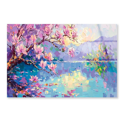 Watercolor Of Cherry Blossoms Landscape  Acrylic Glass Print Tempered Glass Wall Art 100% Made in Australia Ready to Hang