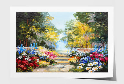 Colorful Summer Flowers with Trees Oil Painting Wall Art Limited Edition High Quality Print Unframed Roll Canvas None