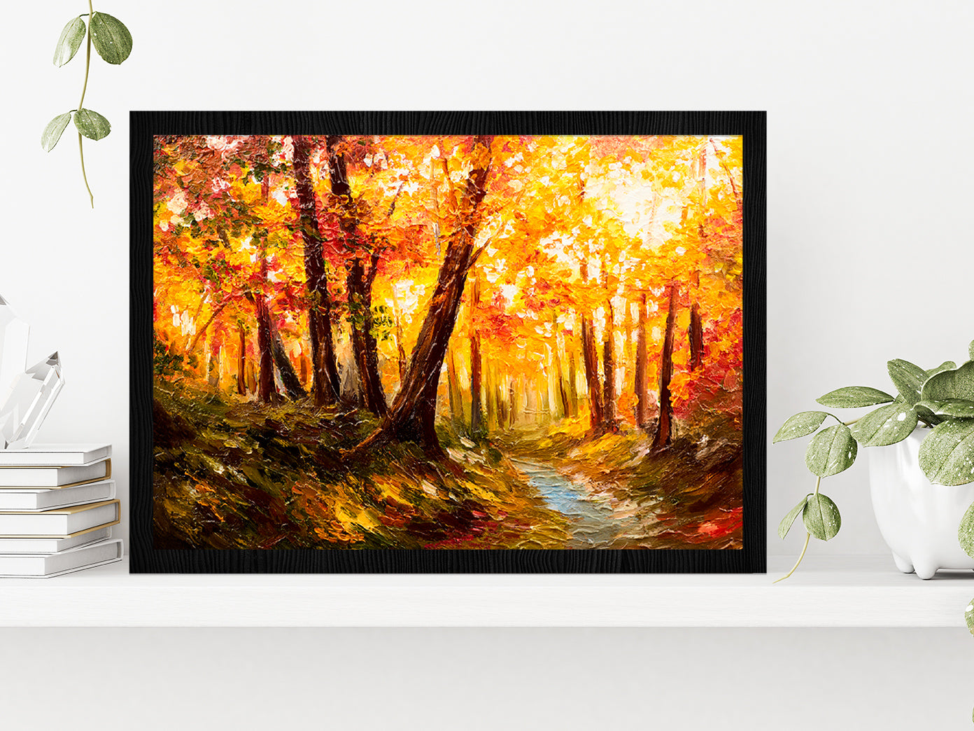 Autumn Forest Oil Painting Glass Framed Wall Art, Ready to Hang Quality Print Without White Border Black