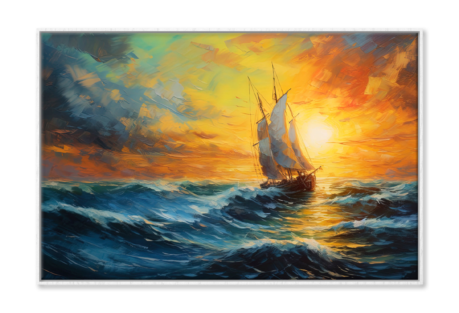 Sailboat Boat at Sunset on the Ocean Oil Painting Wall Art Limited Edition High Quality Print Canvas Box Framed White