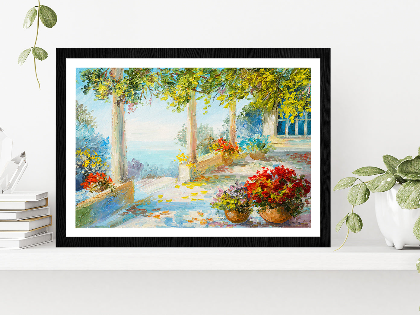 Flower Vase In Terrace & Near The Sea Glass Framed Wall Art, Ready to Hang Quality Print With White Border Black