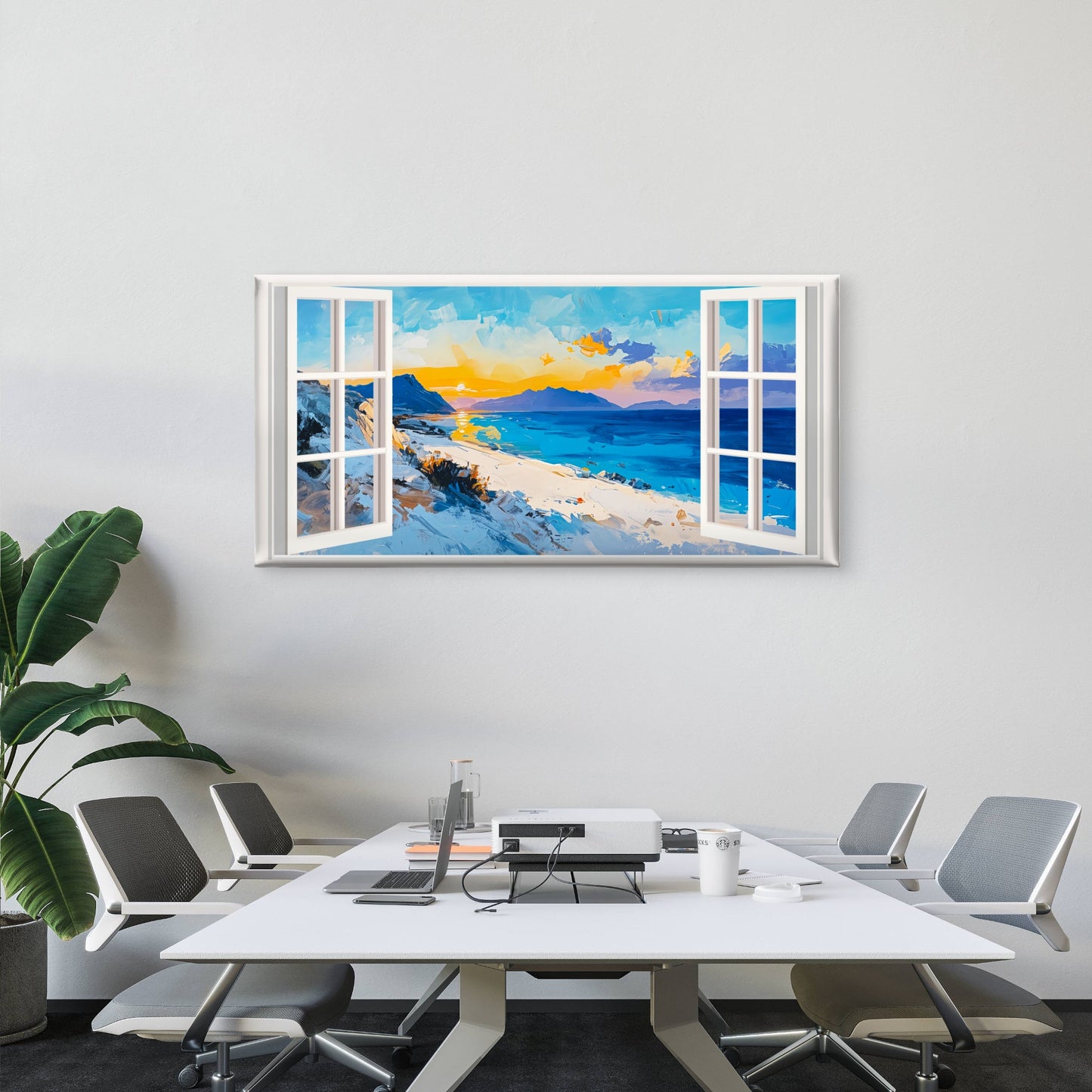 Blue Coastal Ocean Sunrise Wall Art Canvas Office Home Room Framed 120x60cm