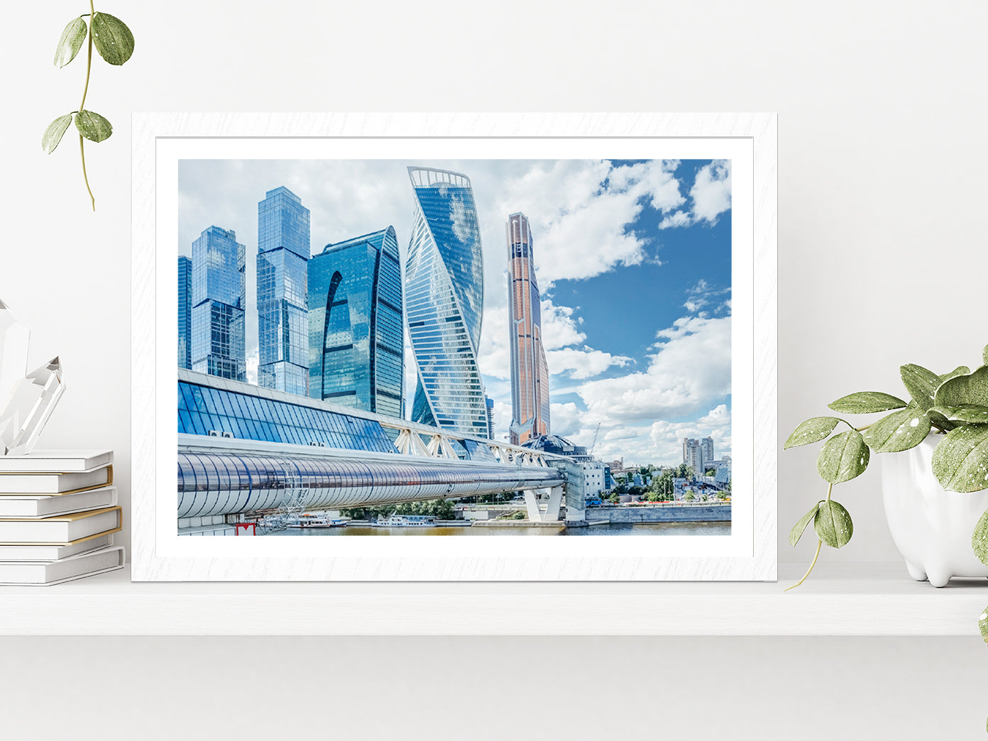 Mirror Skyscrapers In Moscow City Glass Framed Wall Art, Ready to Hang Quality Print With White Border White