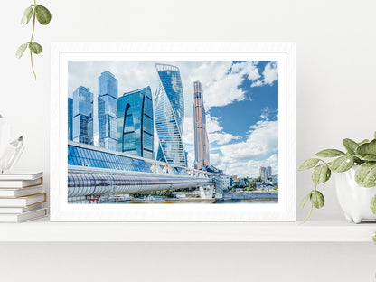 Mirror Skyscrapers In Moscow City Glass Framed Wall Art, Ready to Hang Quality Print With White Border White