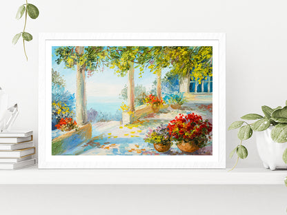 Flower Vase In Terrace & Near The Sea Glass Framed Wall Art, Ready to Hang Quality Print With White Border White