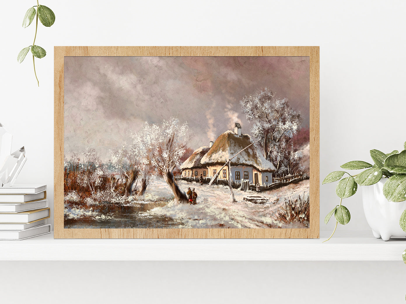 Rural Landscape Old Village, Old House In Winter Glass Framed Wall Art, Ready to Hang Quality Print Without White Border Oak