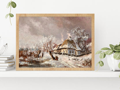 Rural Landscape Old Village, Old House In Winter Glass Framed Wall Art, Ready to Hang Quality Print Without White Border Oak