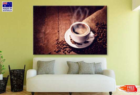 Cup Of Coffee with Steam Rising Out of It Wall Art Decor 100% Australian Made