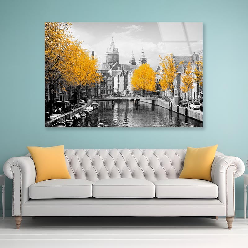 B&W Old Town Canal in Amsterdam Acrylic Glass Print Tempered Glass Wall Art 100% Made in Australia Ready to Hang