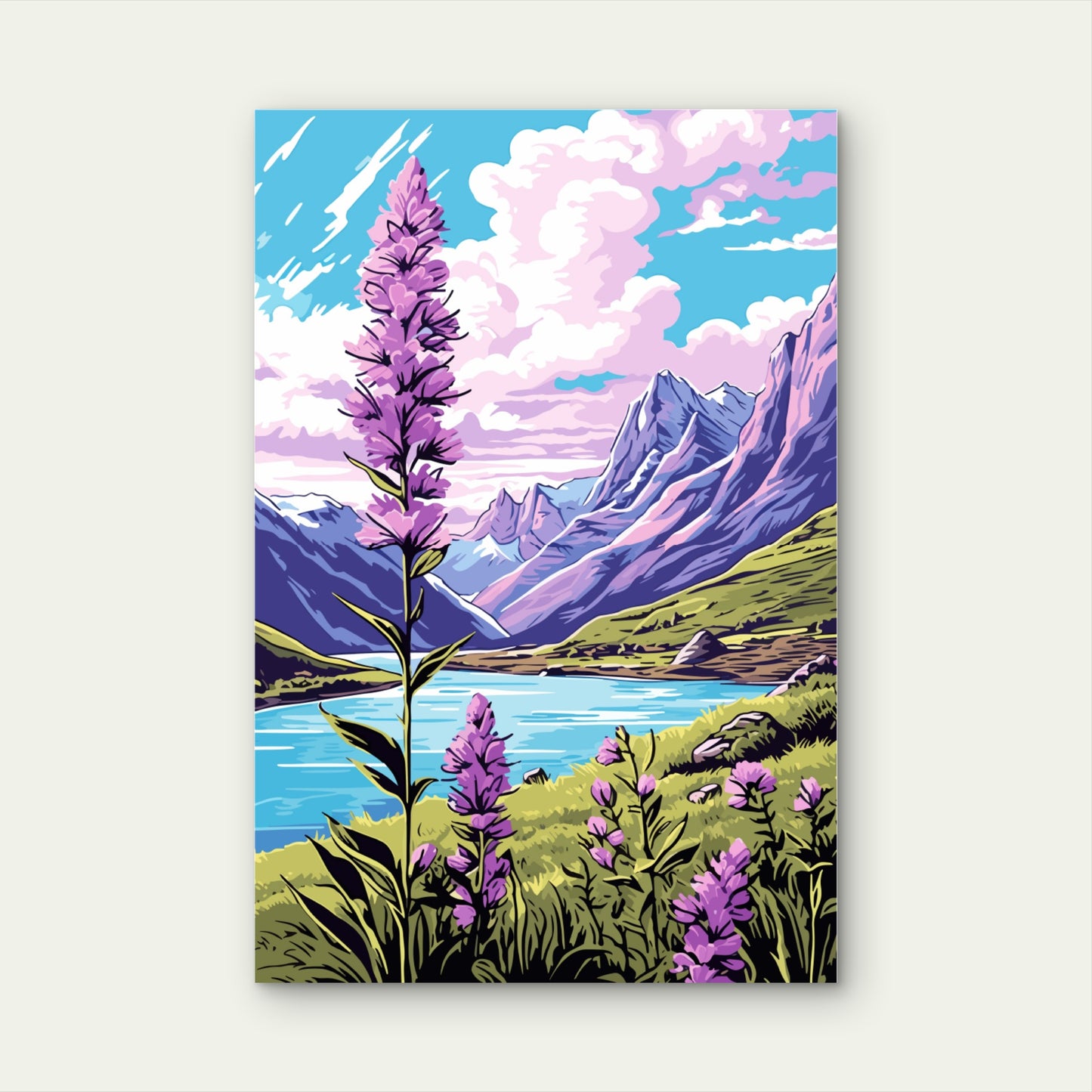 Purple Fireweed Alpine Lake Landscape 60x90cm Metal Print Ready to Hang